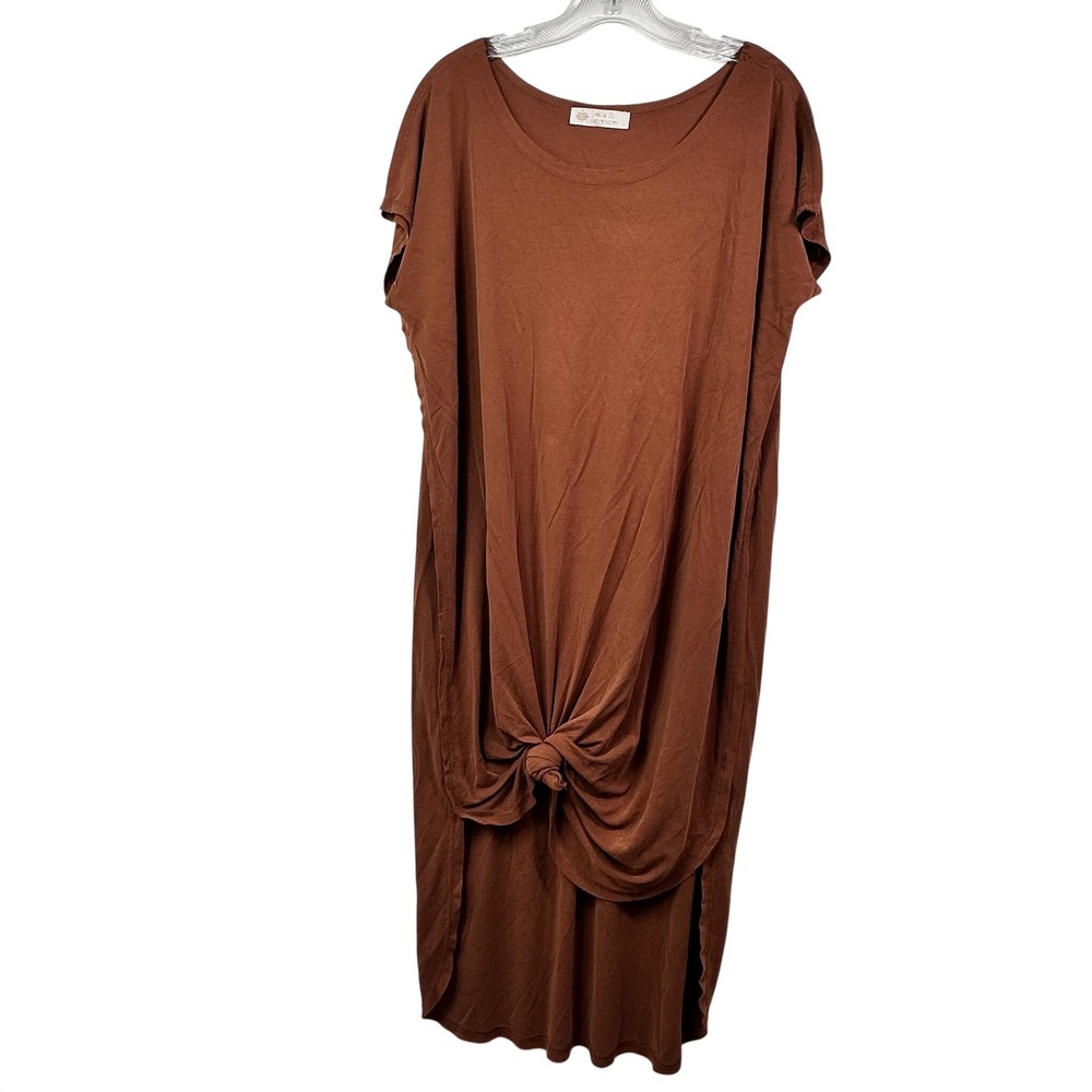 Leela & Lavender Rust Brown Front Knot High-Low Modal T-Shirt Dress Large